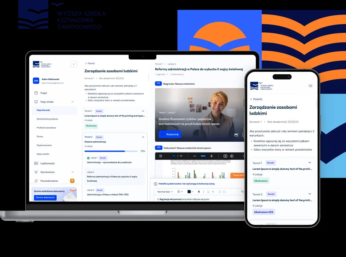 Monitor oraz telefon komórkowy z przykładowym widokiem platformy. W tle logo Wyższej Szkoły Kształcenia Zawodowego